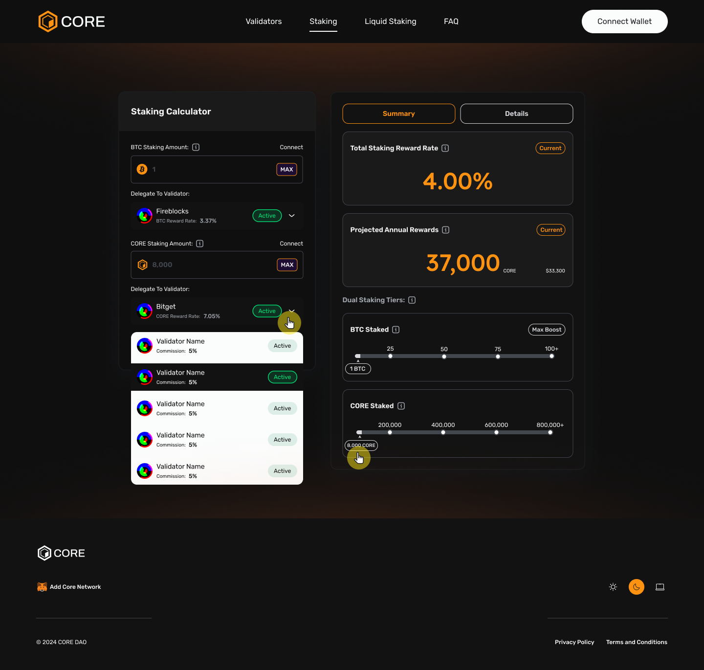 Validator dropdown menu, with CORE reward rate from high to low